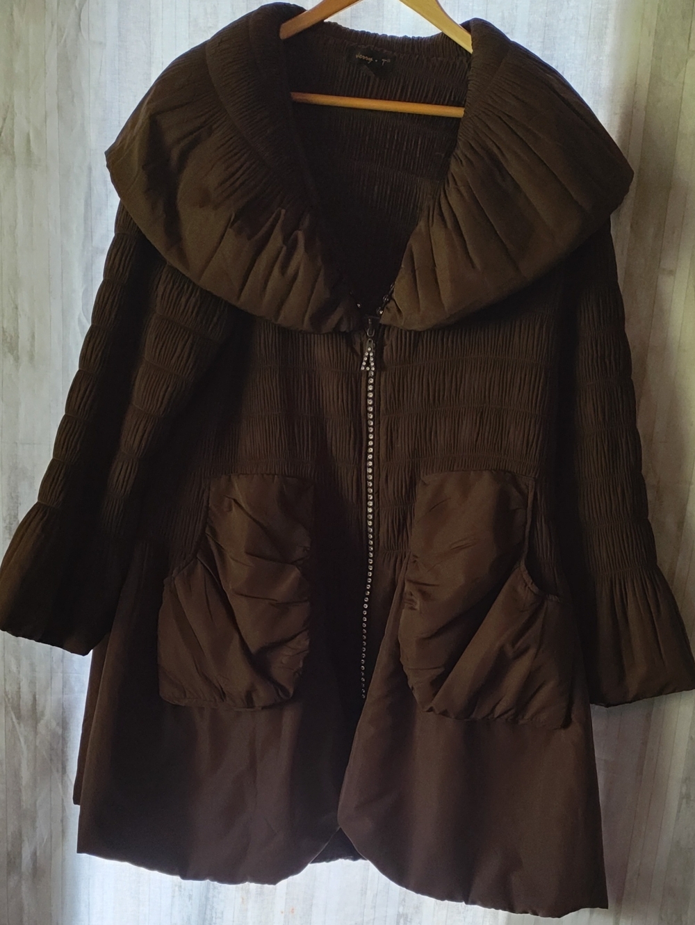 Boho Chic Vintage Brown Smocked Coat With Bling, Puffy Pockets, Y2K, Women's 1X